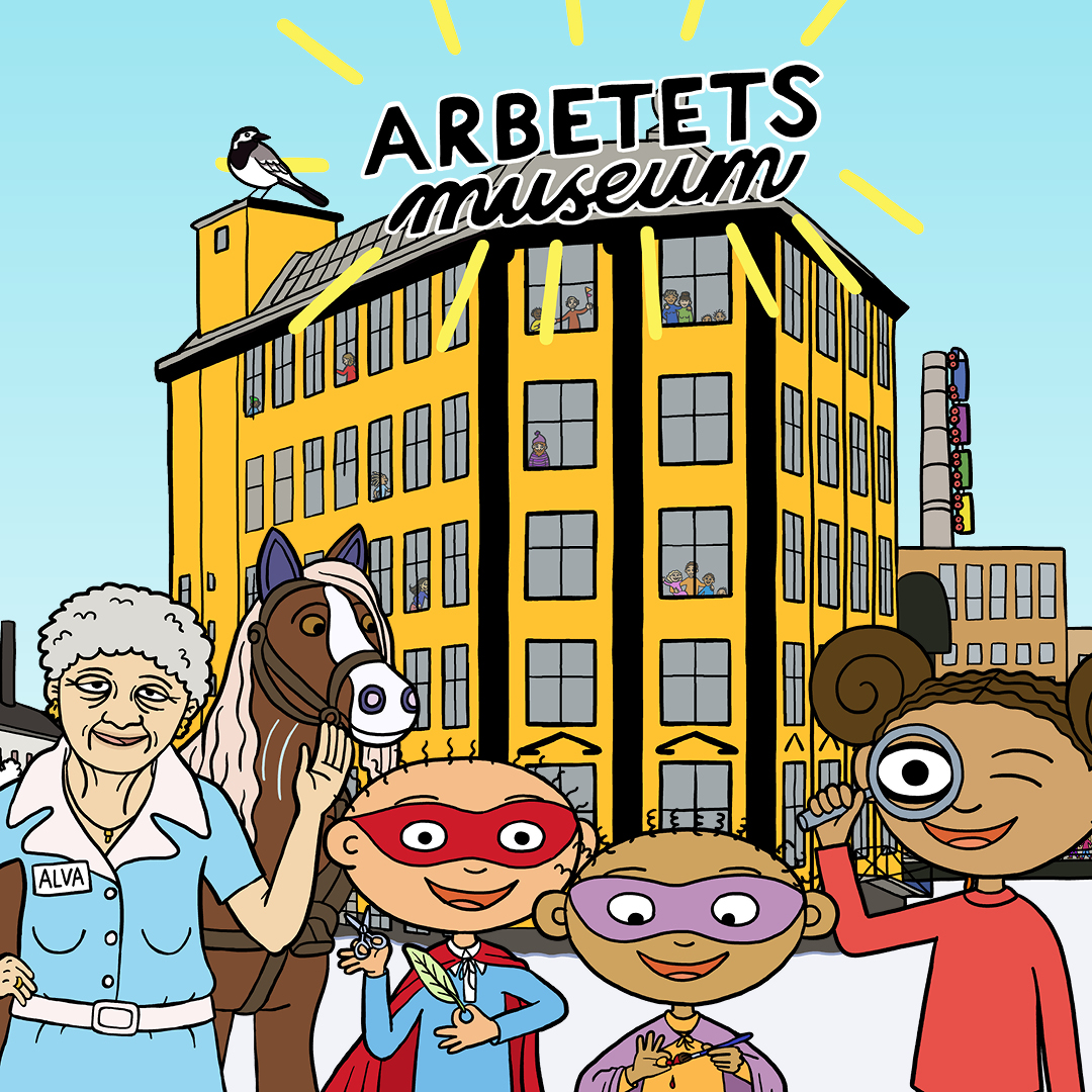 en illustration av vår gula museibyggnad Strykjärnet med karaktärer från museets verksamhet i förgrunden: textilarbetaren Alva, arbetshästen från Lilla Arbetets, och